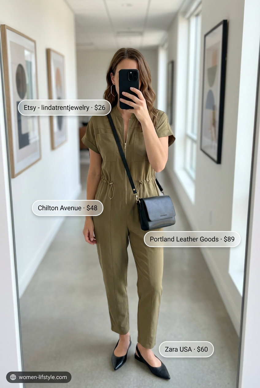 A refined olive green tencel blend tailored short-sleeve utility jumpsuit with a straight leg, styled for Summer Business Casual Outfits 2026. This functional yet stylish outfit includes black pointed-toe slingback flats, a black structured crossbody bag, a wide black leather belt, and geometric gold hoop earrings, perfect for creative workplaces.