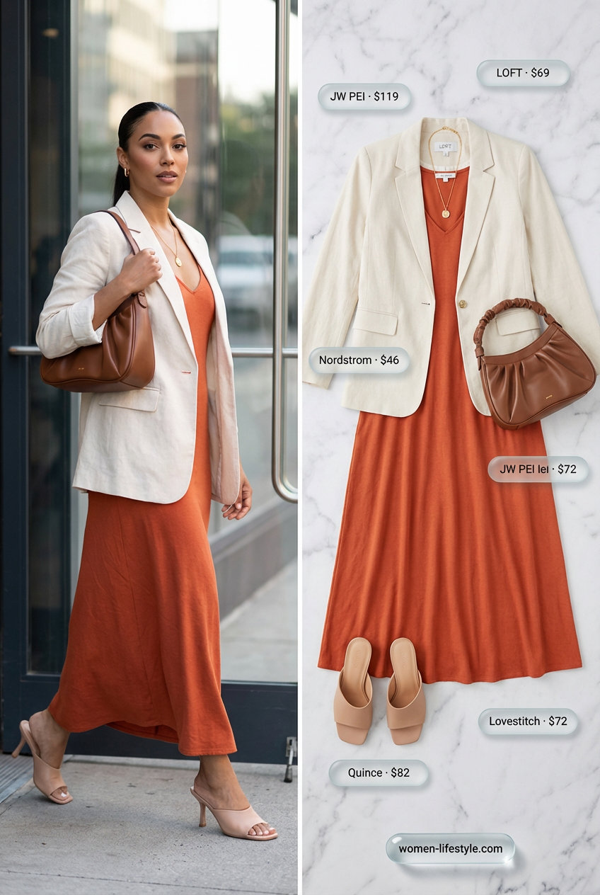 A relaxed yet elegant terracotta orange viscose crepe flowy sleeveless maxi dress paired with a cream linen blend lightweight tailored blazer for Summer Business Casual Outfits 2026. This versatile outfit includes nude leather block-heel mules, a tan brown faux leather structured top-handle bag, and a delicate gold pendant necklace, ideal for office or networking.