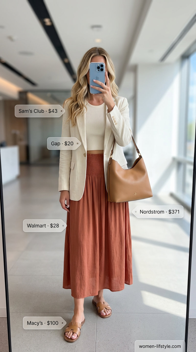 A creative office Summer Business Casual Outfits 2026 featuring a terracotta maxi skirt, cream tank top, and beige blazer. Perfect for warm weather workday styling.