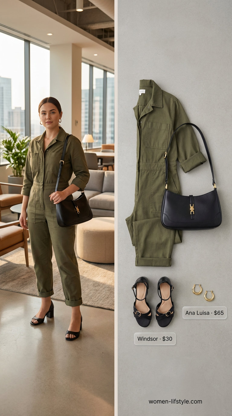 Stylish utility chic Summer Business Casual Outfits 2026 featuring a khaki belted jumpsuit, black block heel sandals, and gold hoop earrings. Ideal for workdays.