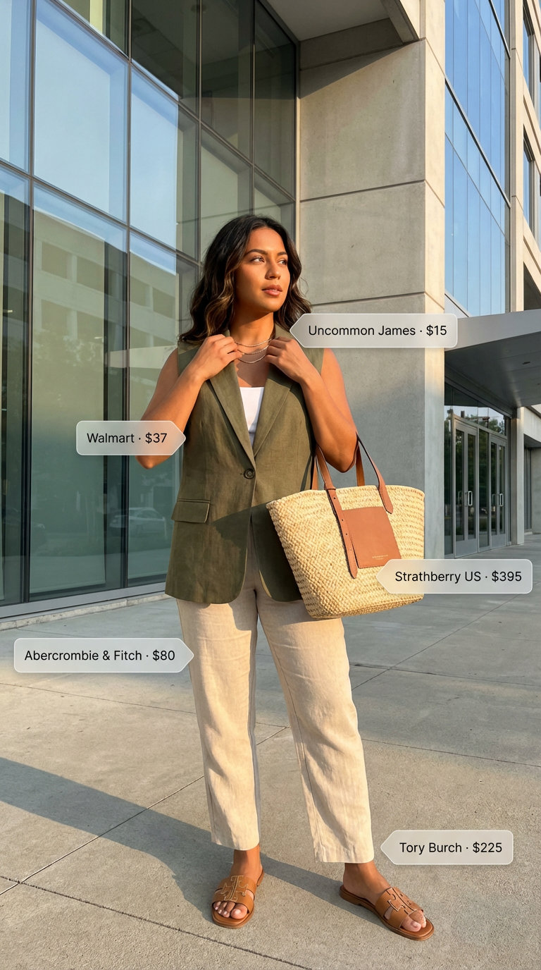 Coastal Corporate Summer Business Casual 2026 outfit with cream linen wide-leg pants, an olive green sleeveless blazer, tan flat sandals, a straw tote, and gold layered necklaces, perfect for warm weather office.