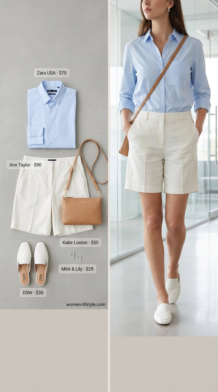 Sleek Summer Business Casual outfit 2026 featuring white linen shorts, a sky blue button-down shirt, white loafer mules, a tan crossbody bag, and silver stud earrings, perfect for office or casual Friday.