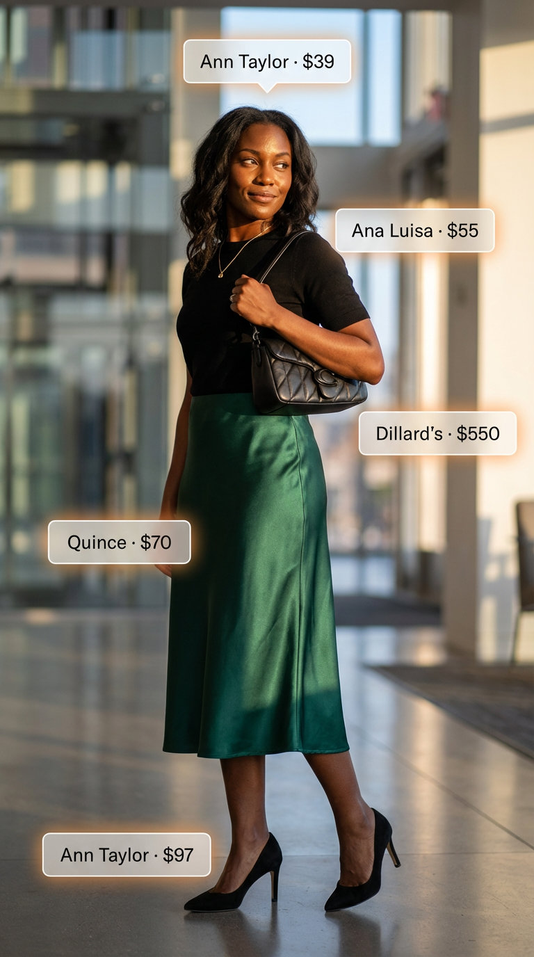 Elegant Summer Business Casual 2026 outfit with an emerald green A-line midi skirt, a black fitted knit top, black pumps, a delicate gold necklace, and a quilted shoulder bag, suitable for formal events.
