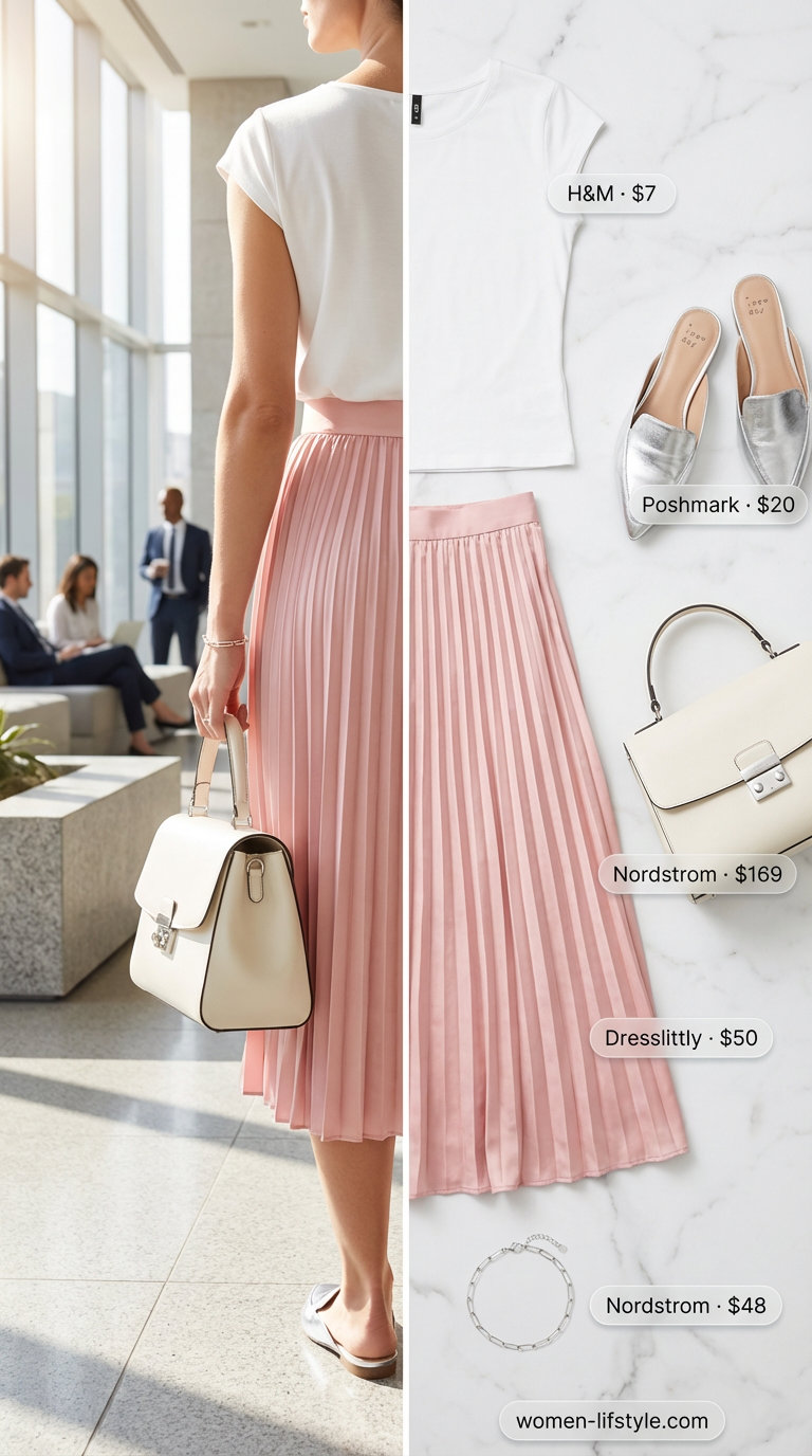 Polished Summer Business Casual outfit 2026 featuring a soft pink pleated midi skirt, a white cap-sleeve knit top, metallic flat mules, a grey satchel, and a silver bracelet, perfect for presentations.