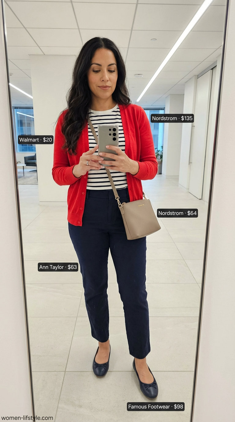 Chic City Stroll Summer Business Casual 2026 outfit with navy cropped trousers, a striped Breton top, a red cardigan, navy ballet flats, and a tan crossbody bag, perfect for after-work events.