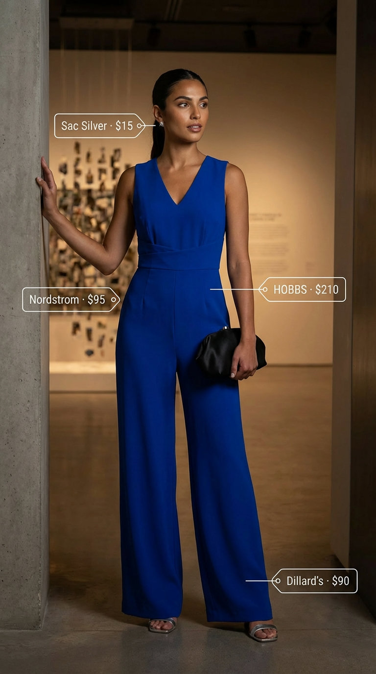 Bold cobalt blue summer party outfit for women 2026 featuring a wide-leg jumpsuit, metallic silver heels, geometric earrings, and a sleek black clutch for an art gala.