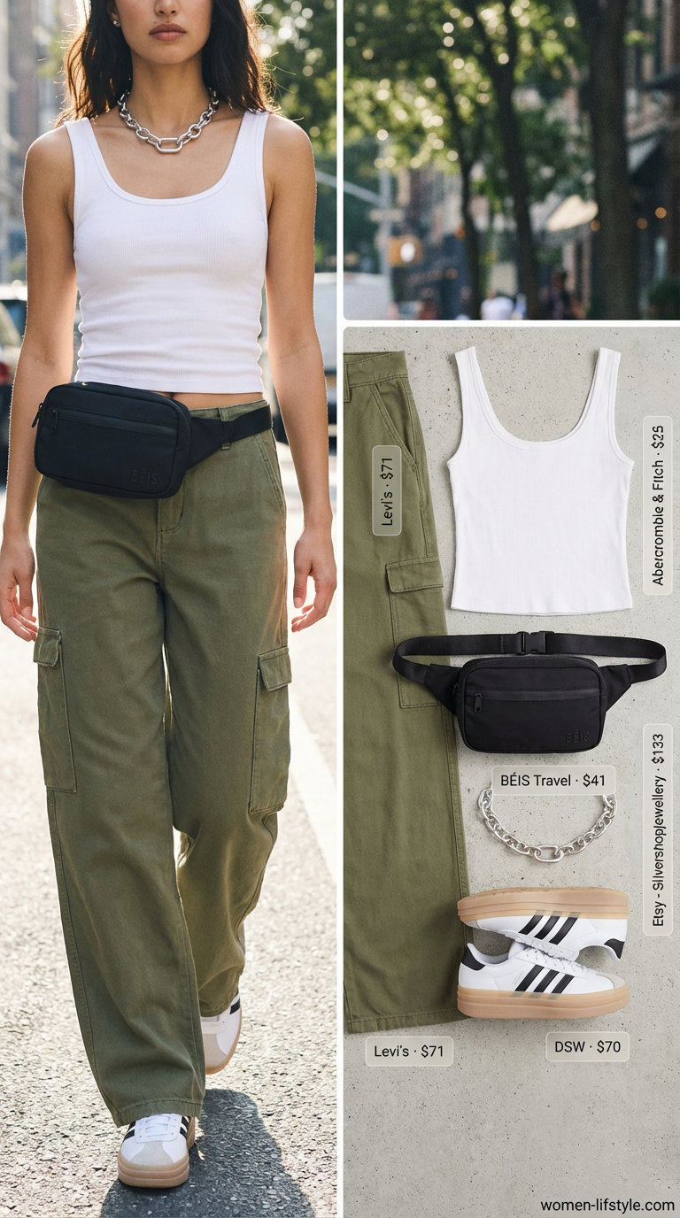 Trendy olive green wide-leg cargo pants, white ribbed tank top, chunky platform sneakers, and a black utility belt bag, an edgy summer party outfit for women 2026.