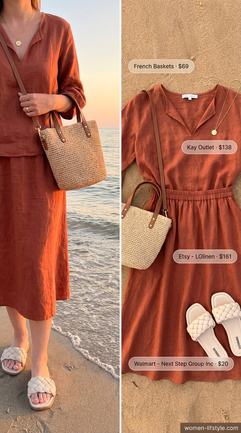 Bohemian terracotta linen blend two-piece set, cream slide sandals, and round woven straw bag, an earthy summer party outfit for women 2026.