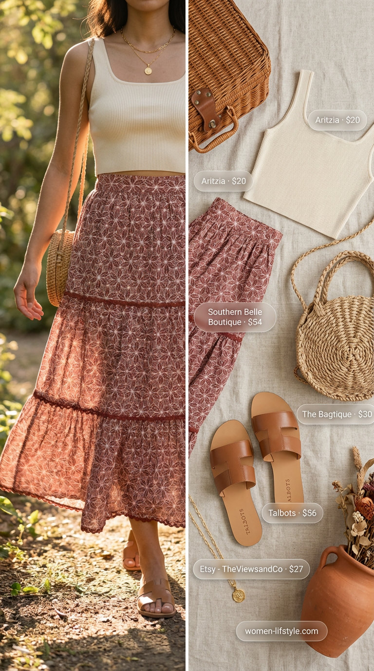 Relaxed terracotta and cream print tiered maxi skirt, ribbed tank top, gold layered necklaces, and woven straw bag, a bohemian summer party outfit for women 2026.