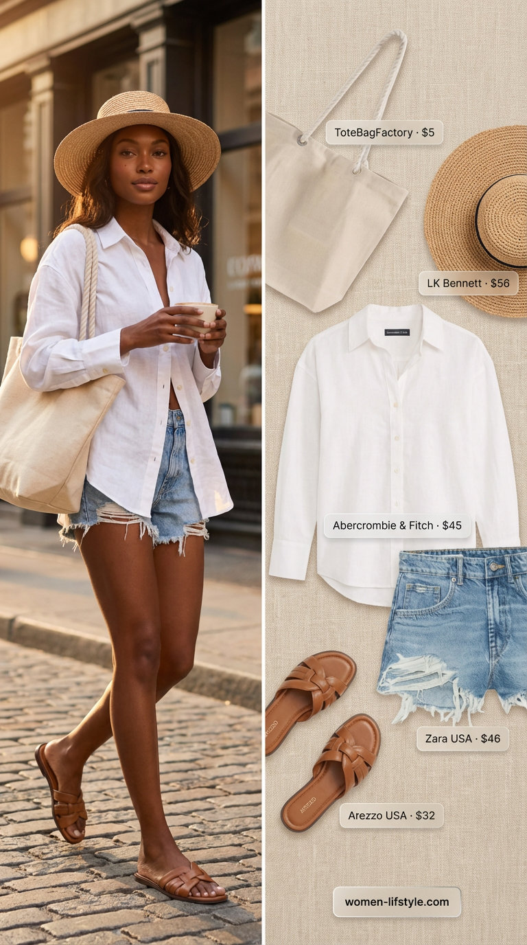 Relaxed light wash denim shorts, crisp white linen button-down, tan slide sandals, and a wide brim hat, ideal as a summer party outfit for women 2026 at a BBQ.