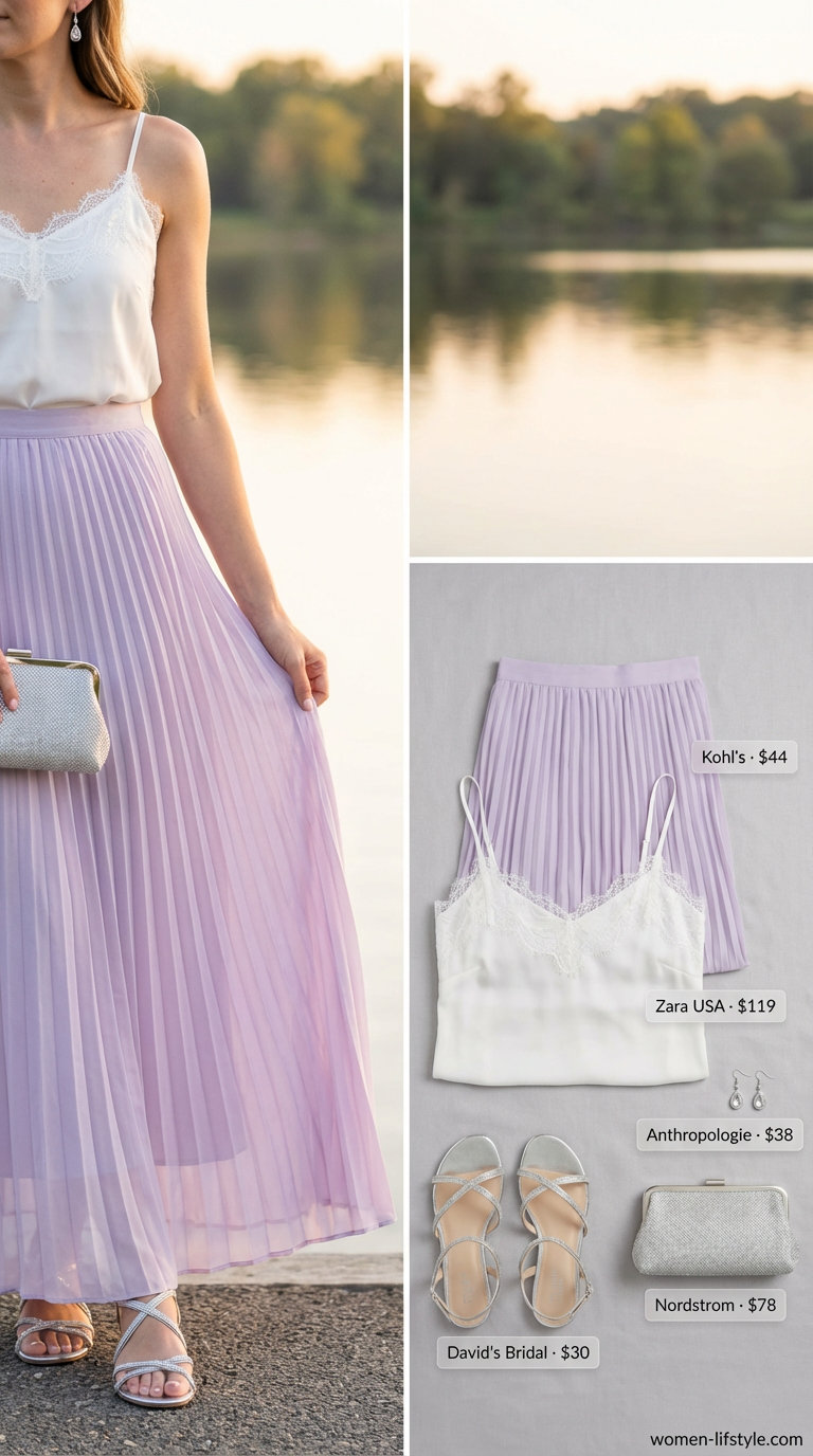 Romantic lavender and white summer party outfit for women 2026 with a tiered maxi skirt, lace camisole, rhinestone sandals, and silver jewelry for a lakeside celebration.