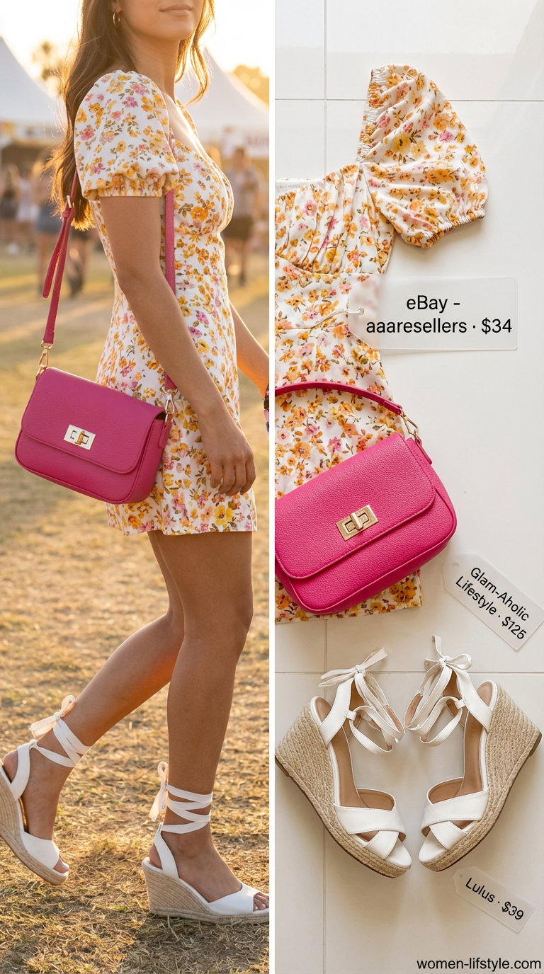 Vibrant yellow, orange, and pink floral mini dress with puff sleeves, white platform espadrilles, and a hot pink mini bag, a playful summer party outfit for women 2026.