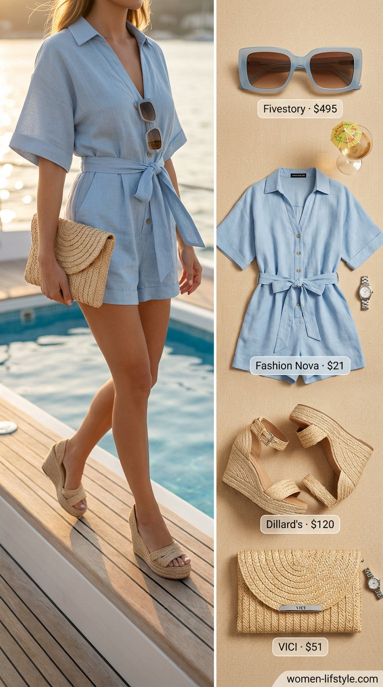 Elegant sky blue linen blend romper, white oversized sunglasses, and natural straw clutch, perfect as a summer party outfit for women 2026 at a pool or yacht party.