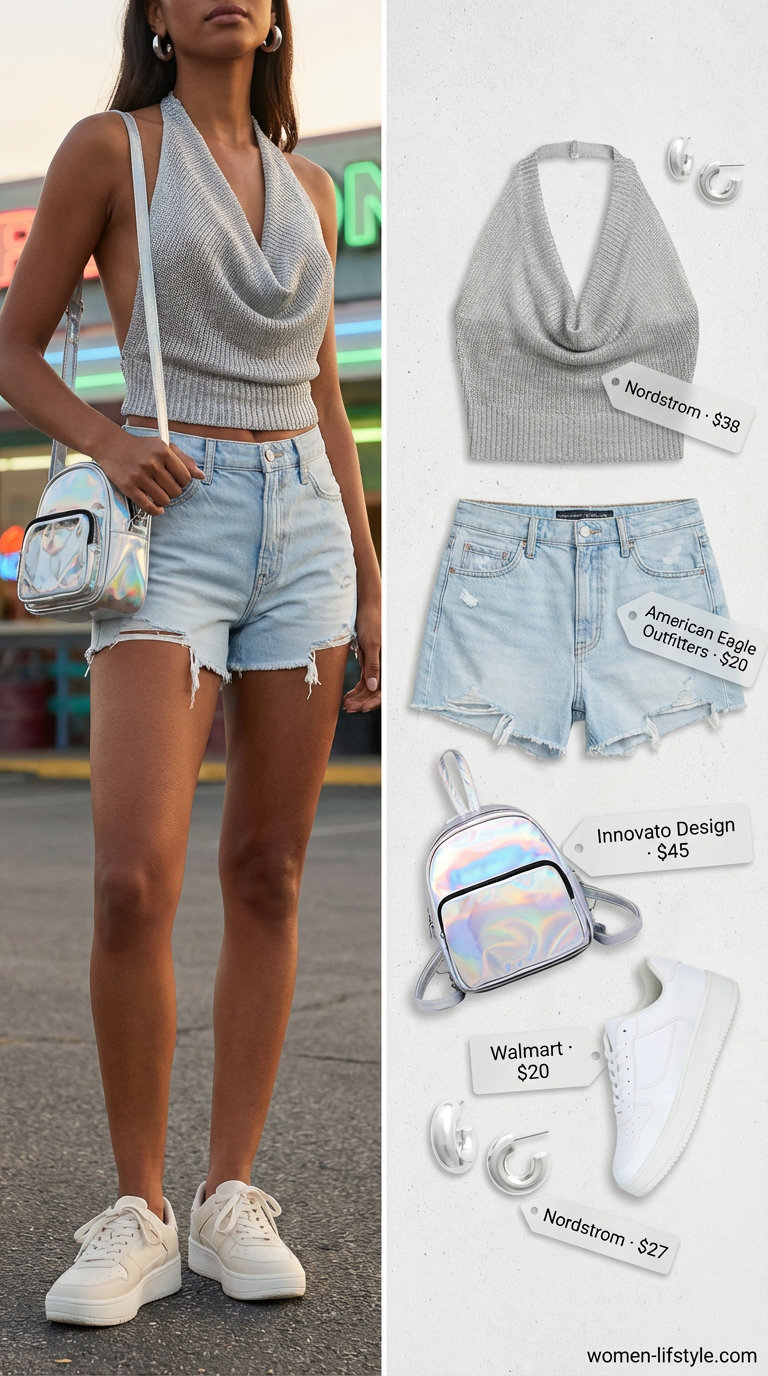 Playful silver metallic crop top, light wash denim shorts, white platform sneakers, and iridescent mini bag, a fun summer party outfit for women 2026.