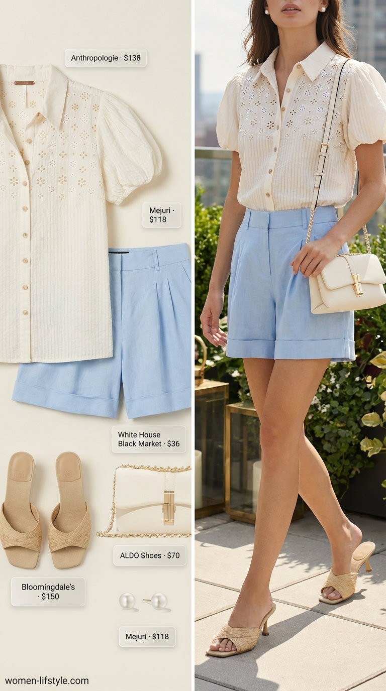 Polished cream eyelet blouse, sky blue tailored linen shorts, raffia heeled mules, and pearl earrings, a fresh summer party outfit for women 2026.
