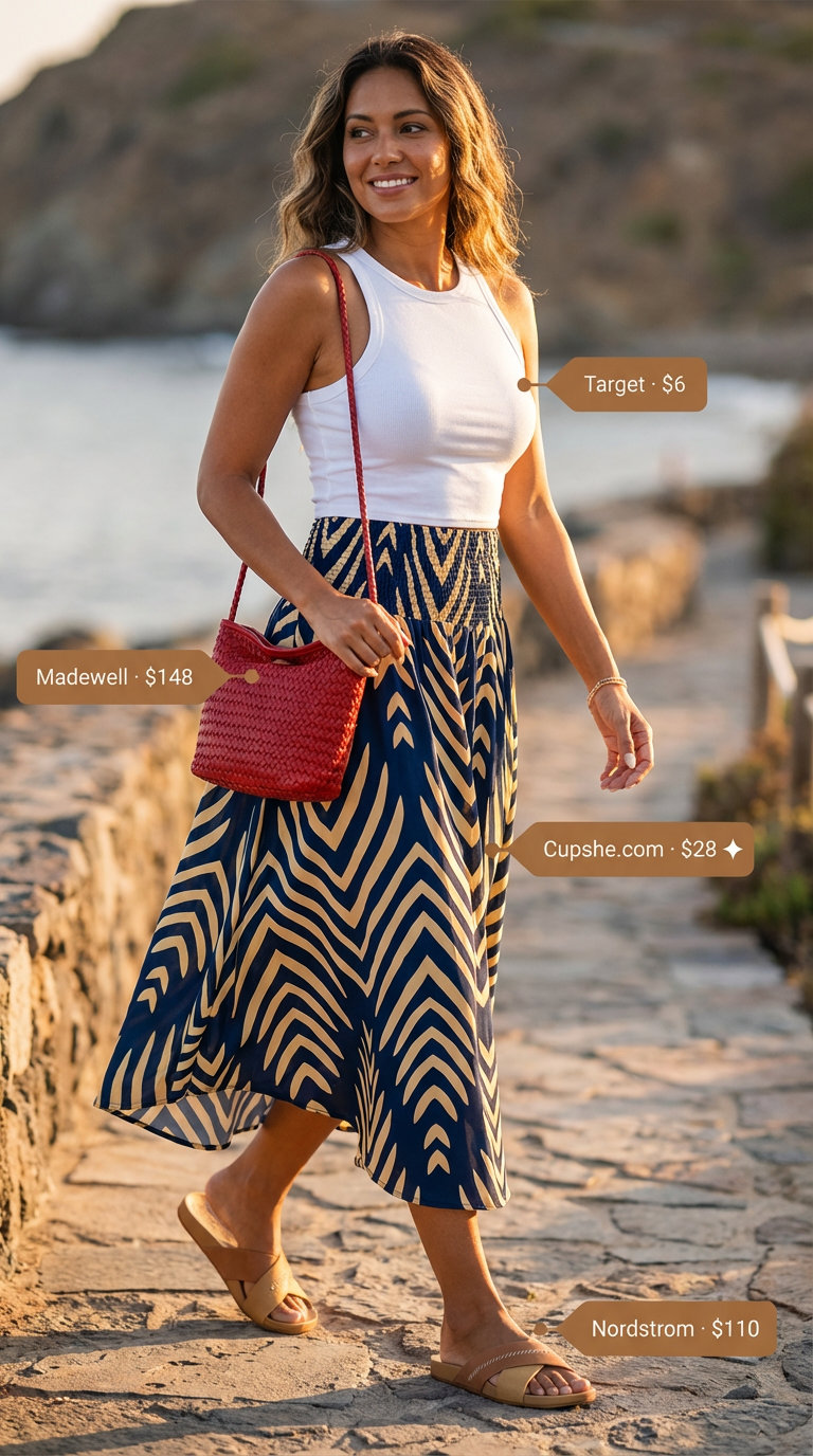 Chic navy and white geometric print midi skirt, white fitted knit top, red woven crossbody bag, and tan slide sandals, a perfect summer party outfit for women 2026.