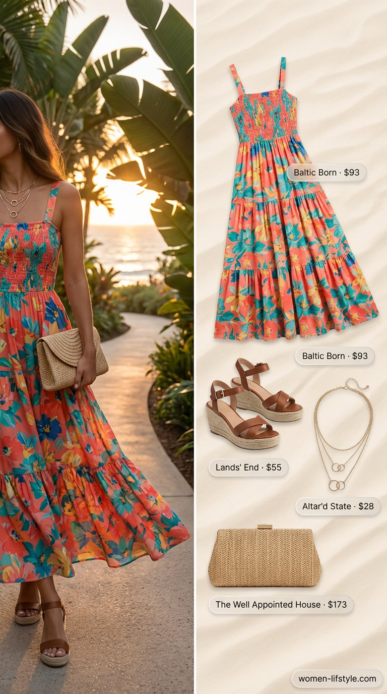 Vibrant tropical summer party outfit for women 2026 with a coral and teal tiered maxi dress, espadrille wedges, layered necklaces, and a woven straw clutch for a sunset soiree.