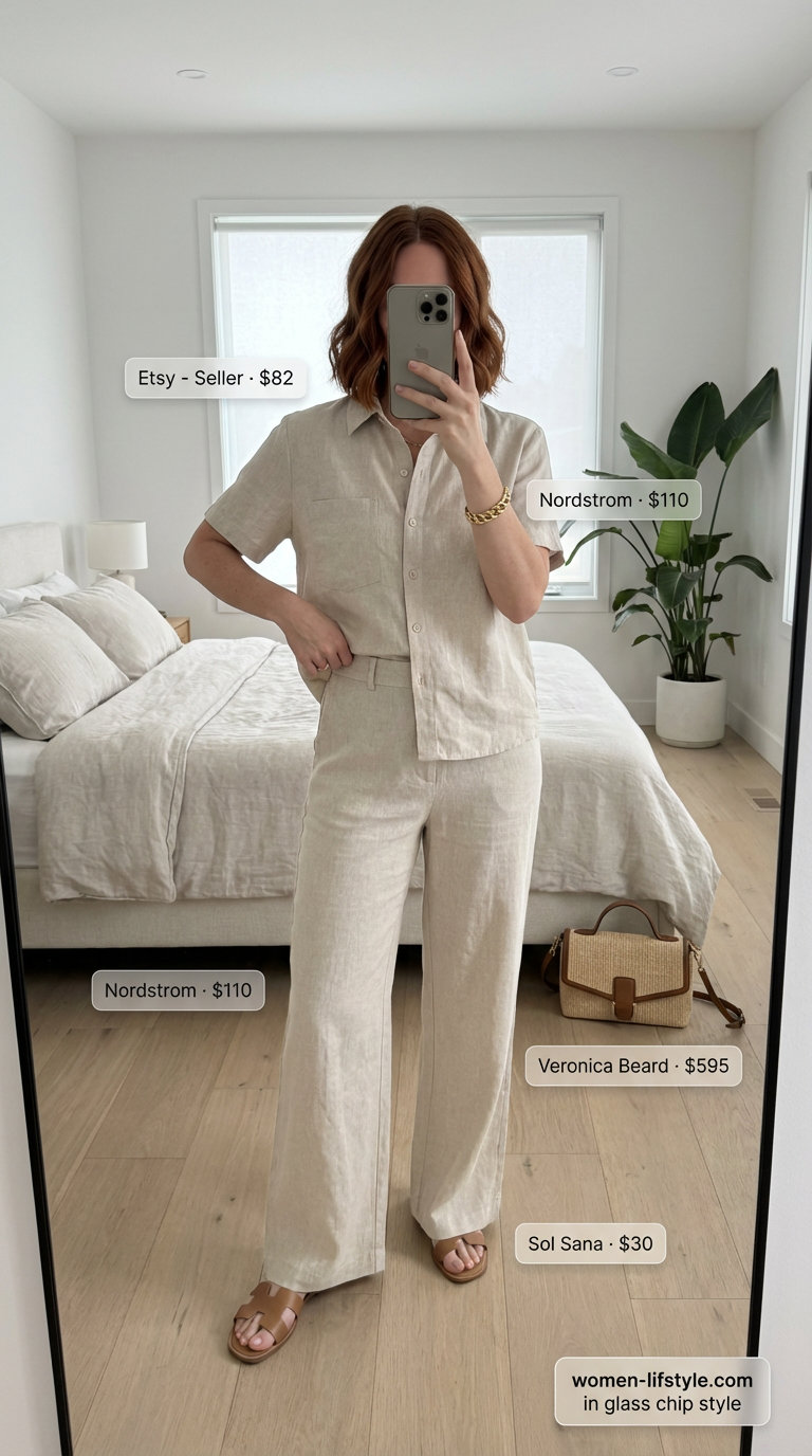 Elegant summer party outfit for women 2026 featuring a beige linen matching set, cream flat slides, gold chain bracelet, and a tan straw bag for a yacht party.