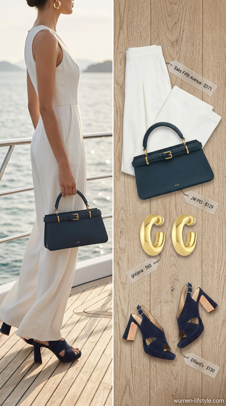 Elegant white and navy summer party outfit for women 2026 featuring a wide-leg jumpsuit, navy block heels, gold statement earrings, and a navy mini bag for a yacht occasion.