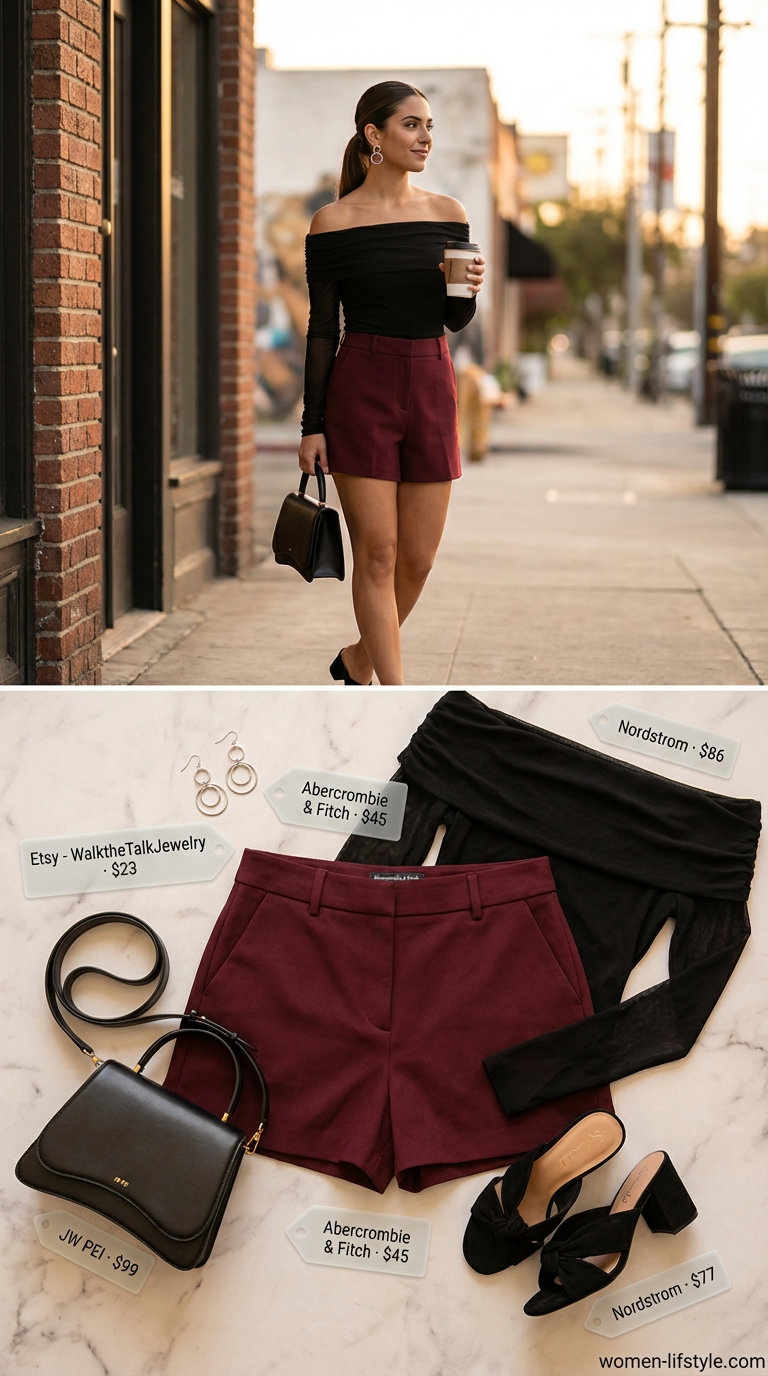 Chic burgundy tailored shorts summer party outfit for women 2026 with a black off-the-shoulder top, black block heel mules, a structured mini bag, and geometric silver earrings for city nights.
