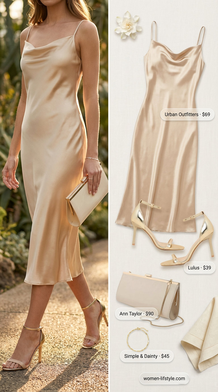 Elegant satin champagne midi slip dress summer party outfit for women 2026, paired with gold stiletto sandals, an ivory clutch, and a delicate gold chain bracelet for a formal garden gala or wedding.