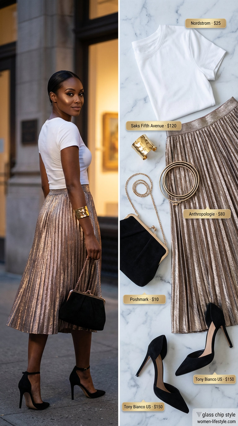 Glamorous golden hour summer party outfit for women 2026 featuring a white crop top, metallic gold pleated midi skirt, black strappy stilettos, and a black and gold clutch for an evening gala.
