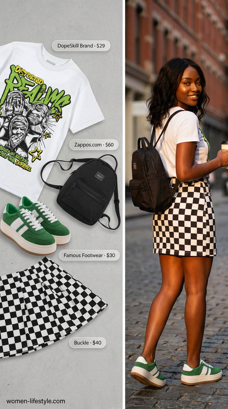 Playful pop art theme summer party outfit for women 2026 with a graphic white tee, black and white checkered mini skirt, neon green chunky sneakers, and a black mini backpack, ideal for a casual party.