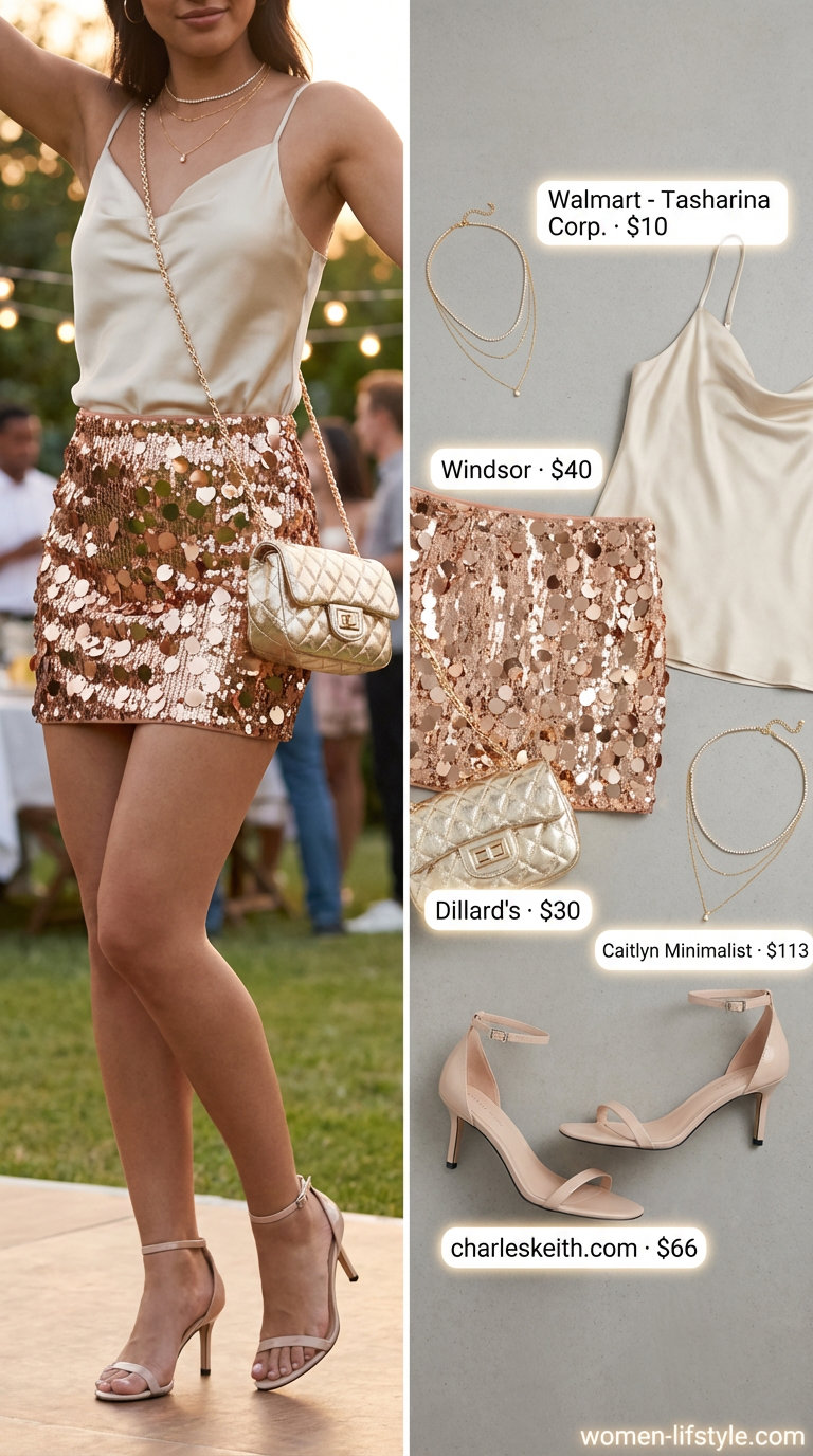 Glamorous rose gold sequin mini skirt summer party outfit for women 2026, styled with a champagne satin camisole, nude stiletto sandals, a metallic gold shoulder bag, and layered chain necklaces for a night out.