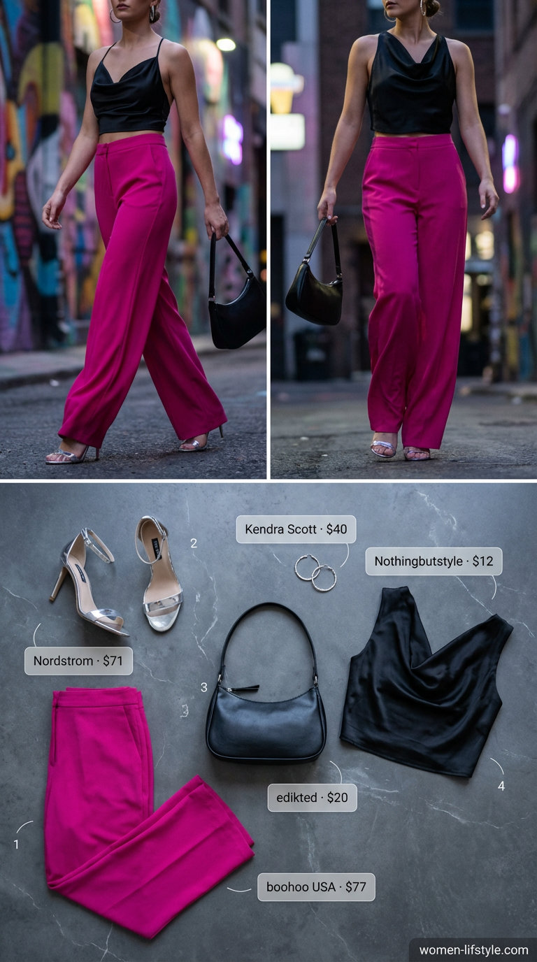 Sophisticated fuchsia wide-leg pants summer party outfit for women 2026, styled with a black satin cowl neck crop top, silver strappy heels, a black shoulder bag, and silver hoop earrings for an urban gathering.