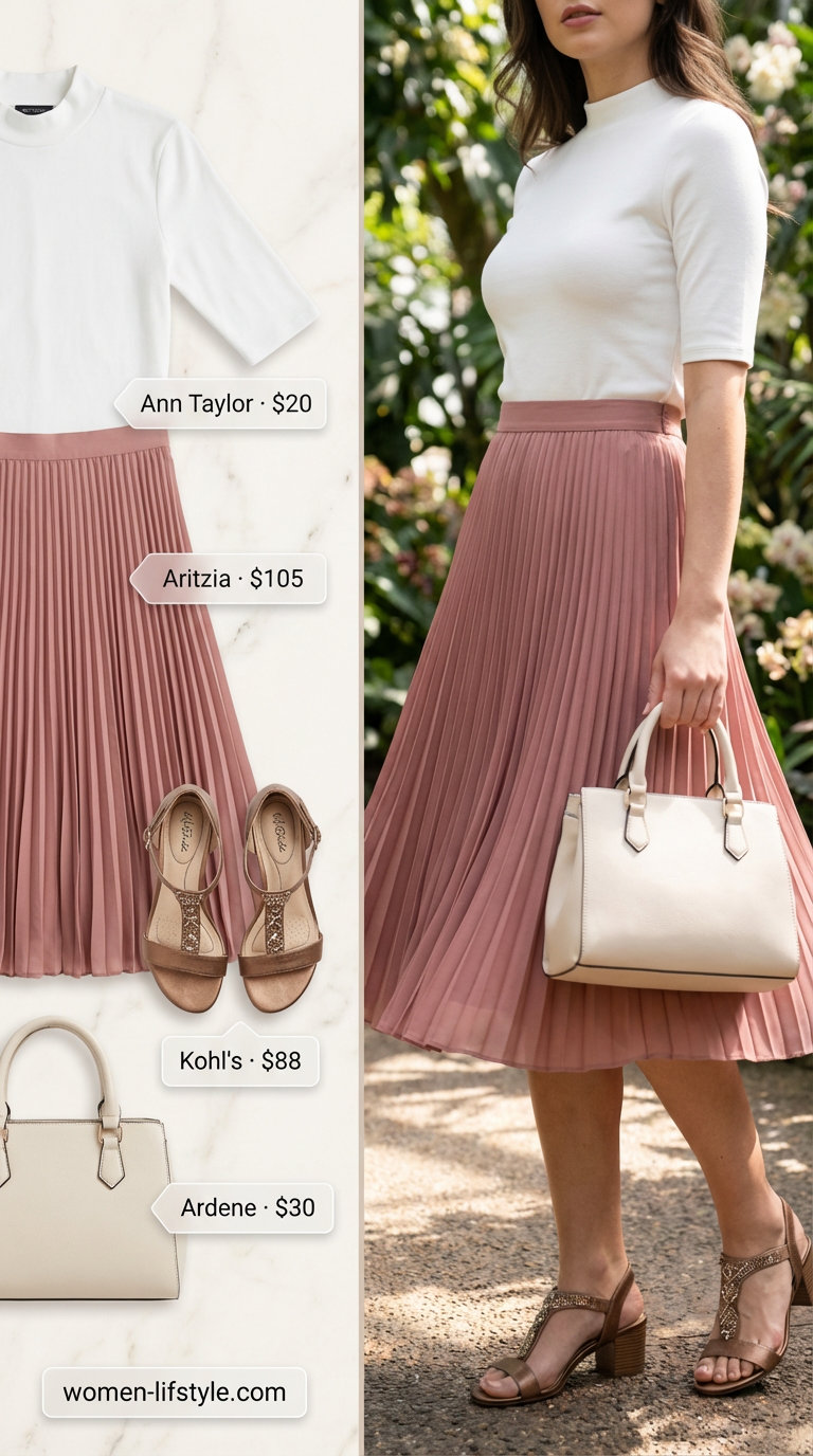 Vintage-inspired dusty rose pleated midi skirt summer party outfit for women 2026, with a cream knit top, bronze block heel mules, a small top-handle bag, and pearl stud earrings for a tea party.