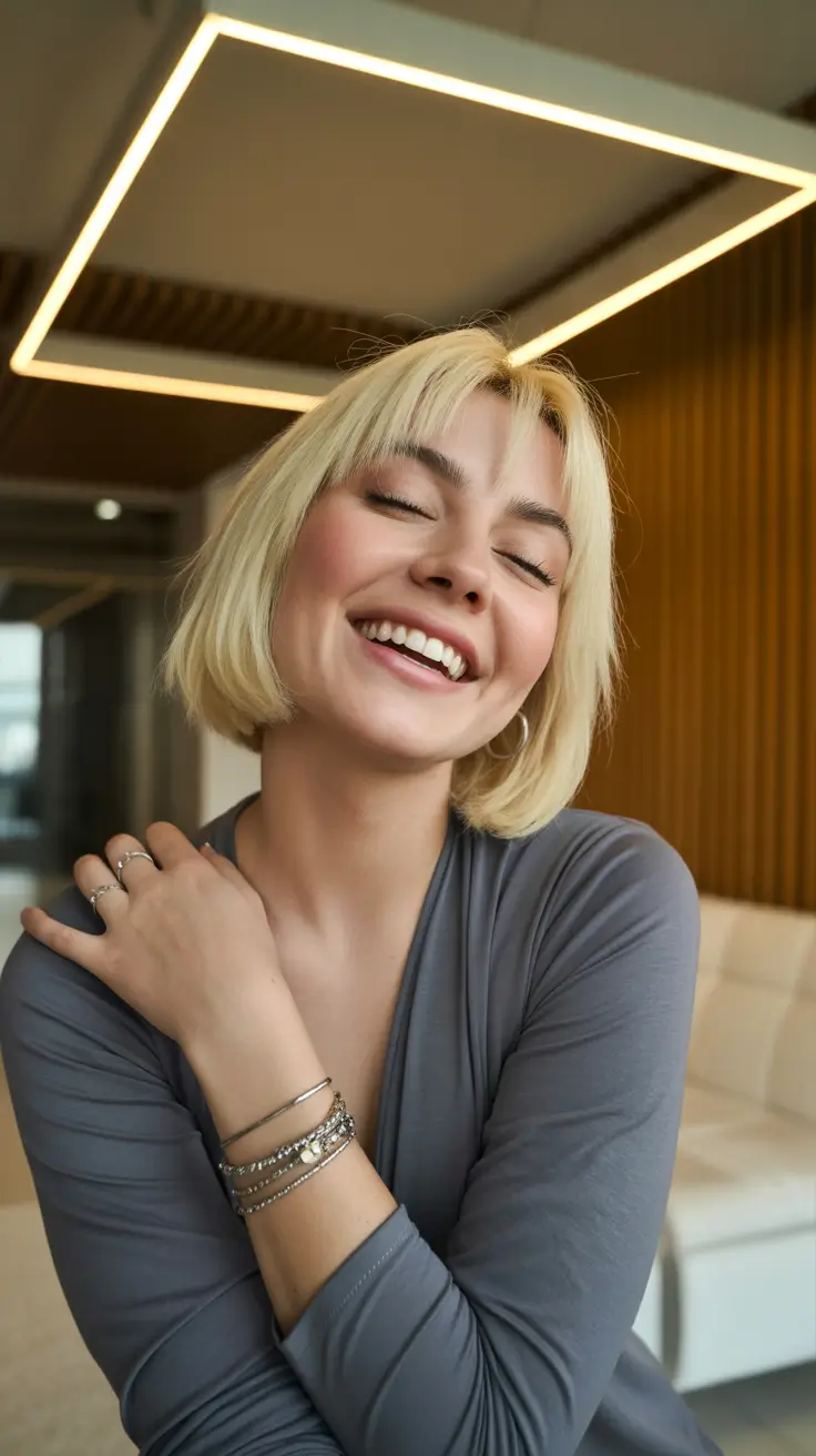 summer short haircut ideas 2026 Soft Blonde Bob with Micro Bangs and Natural Glow