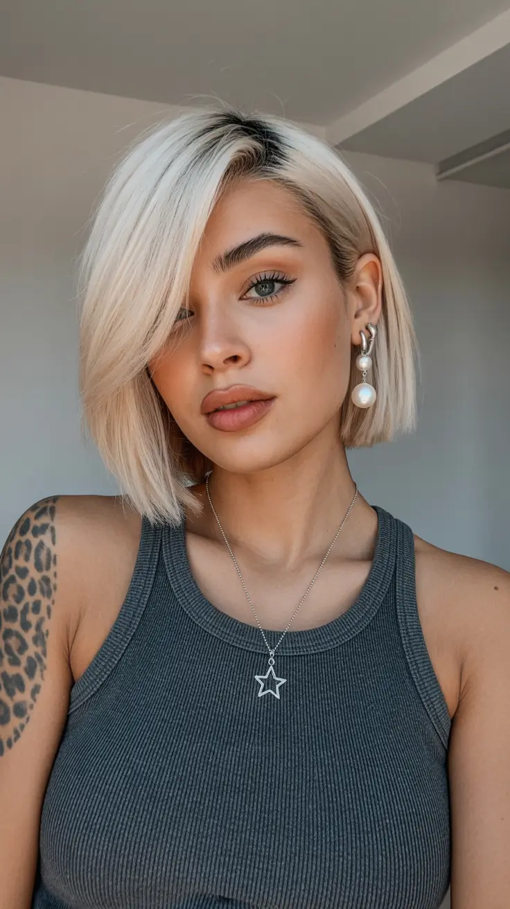 summer short haircut ideas 2026 Chic Platinum Asymmetrical Bob with Sleek Finish