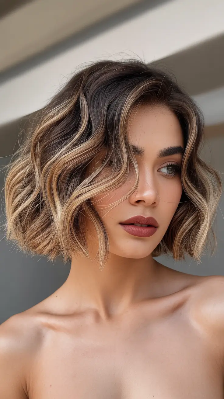 summer short haircut ideas 2026 Dimensional Wavy Bob with Sun-Kissed Highlights