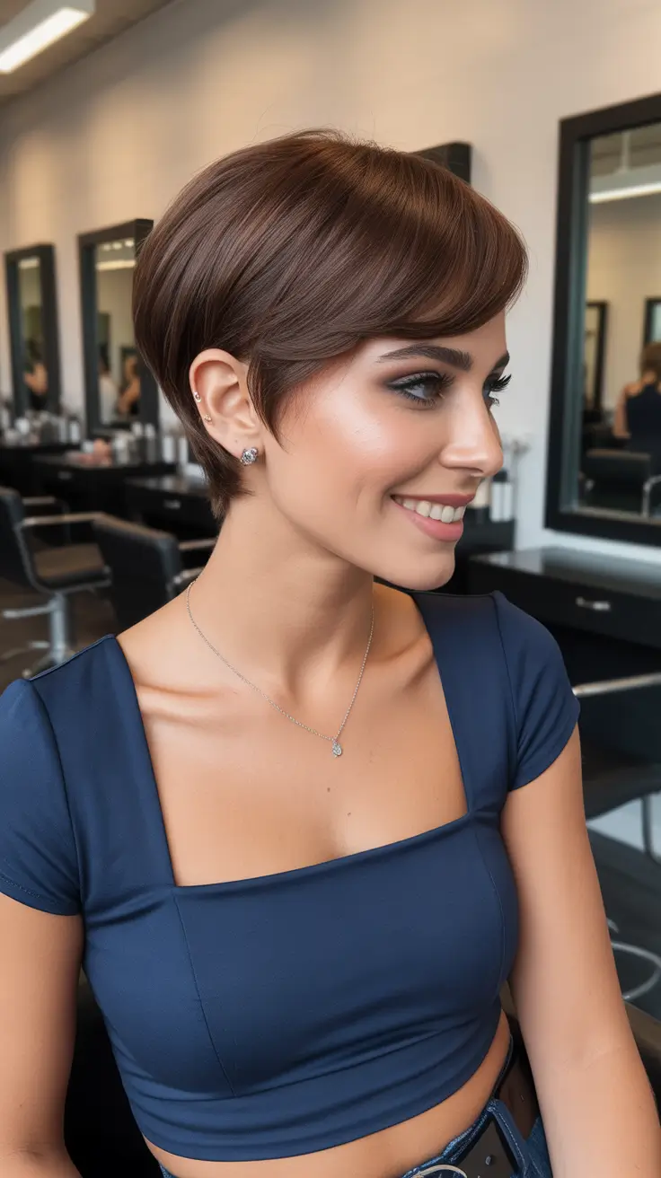 summer short haircut ideas 2026 Classic Sleek Pixie with Side-Swept Elegance