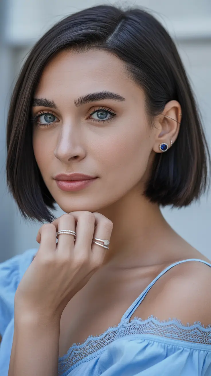 summer short haircut ideas 2026 Classic Tucked Bob with Deep Side Part