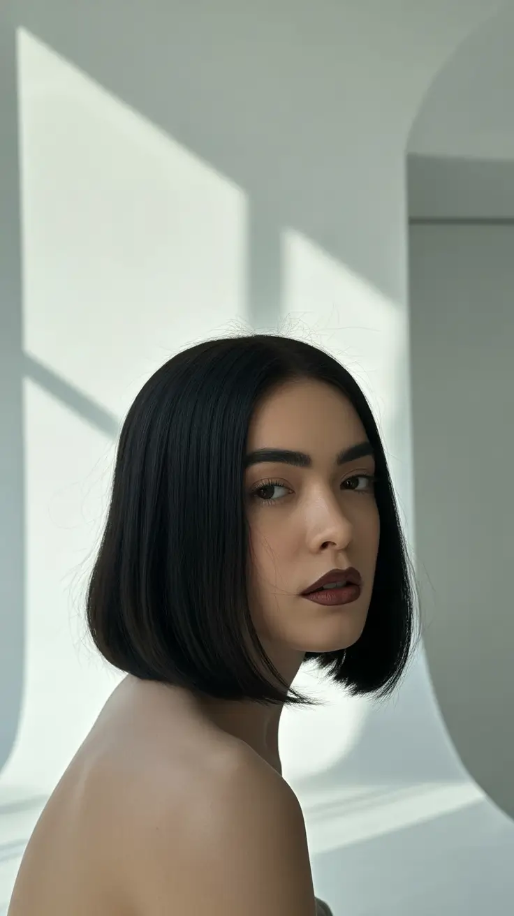 summer short haircut ideas 2026 Glossy Precision Bob with Ultra-Deep Shine