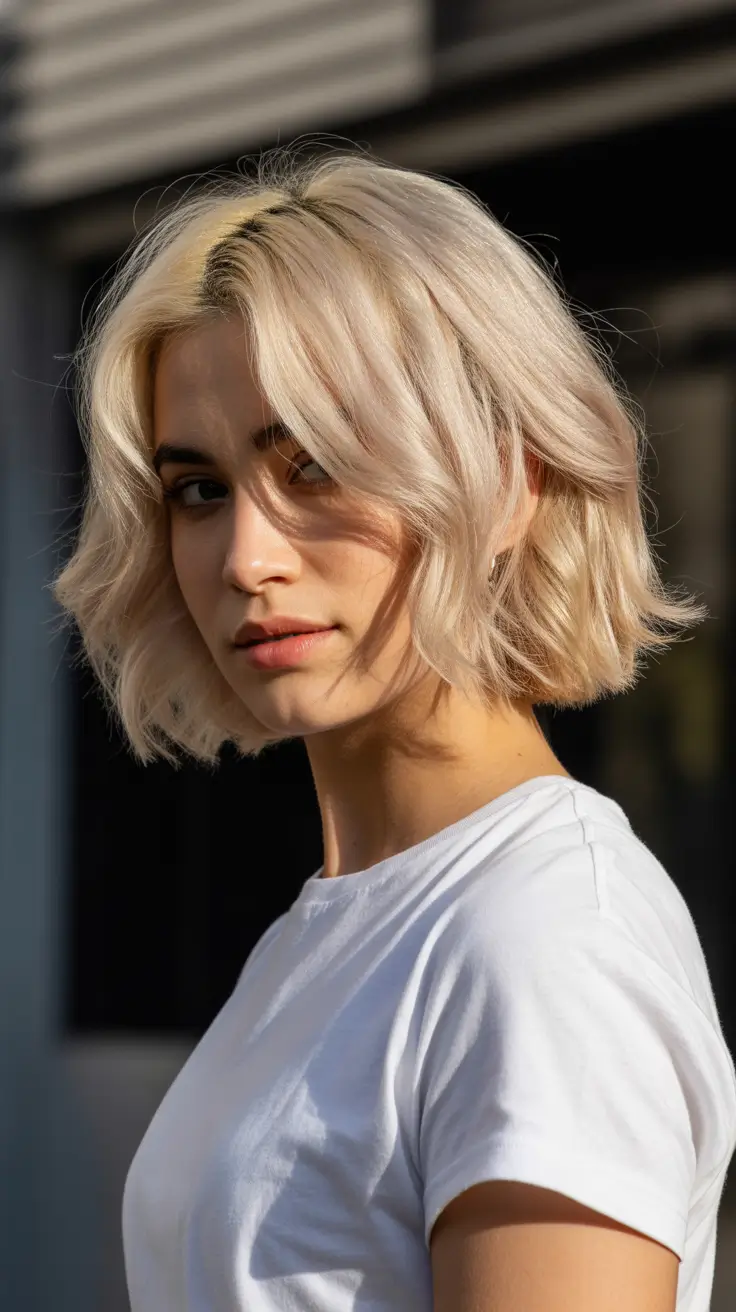 summer short haircut ideas 2026 Soft Wavy Platinum Bob with Airy Texture