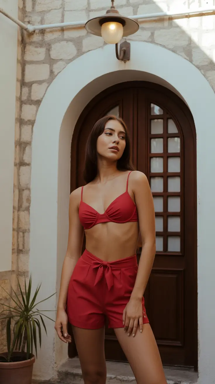 swimsuit with shorts 2026 Scarlet Statement Set for Mediterranean Evenings