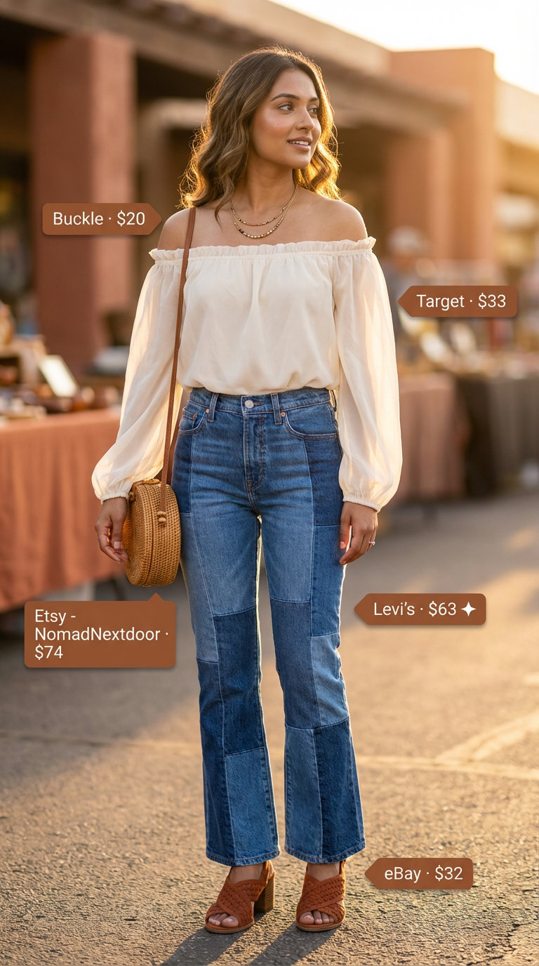 Bohemian trendy jean outfits summer for women 2026 featuring medium indigo flared jeans, a cream smocked off-the-shoulder crop top, terracotta block heel sandals, and a rattan bag for an outdoor concert.