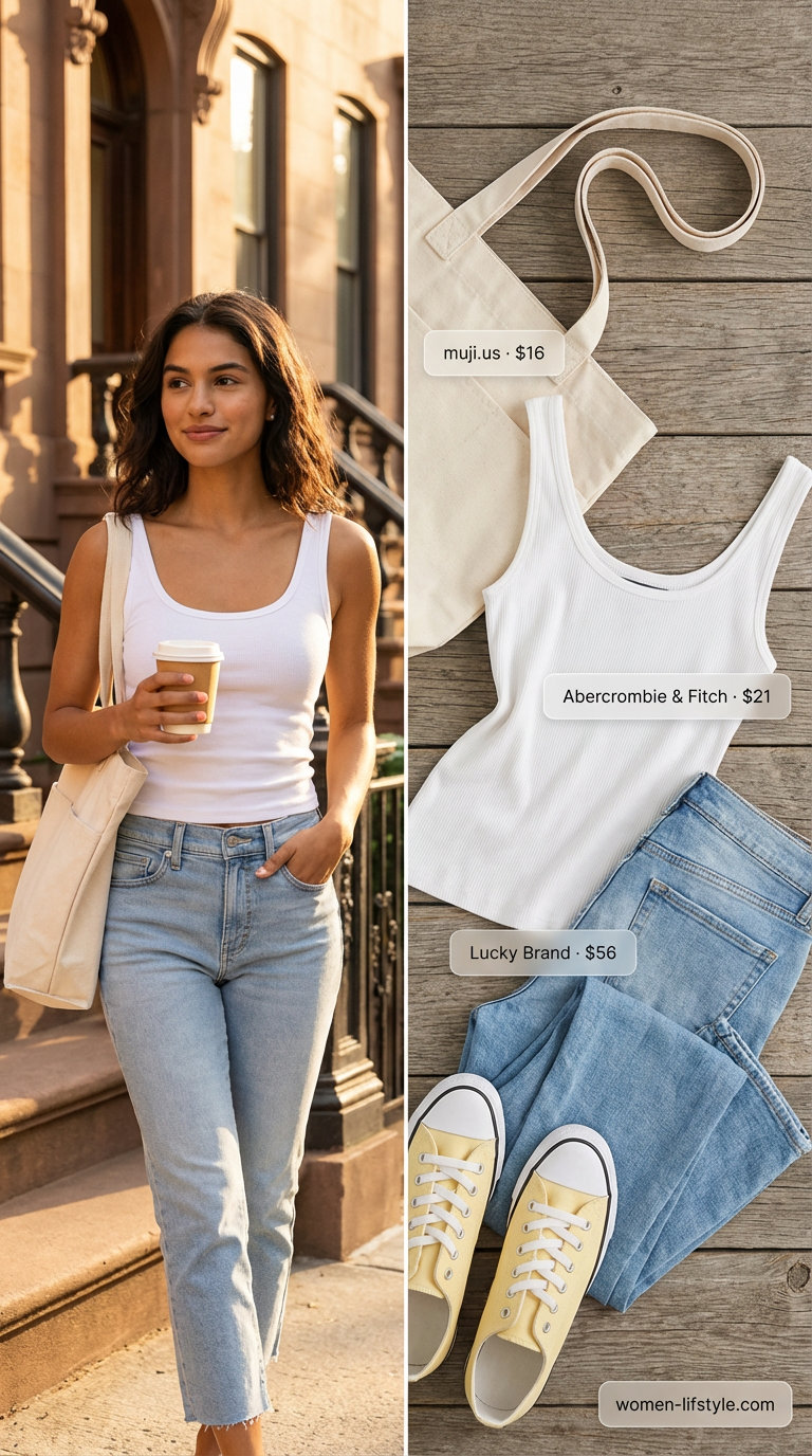Trendy jean outfits summer for women 2026 featuring light wash cropped straight-leg jeans, a white ribbed tank top, pastel yellow sneakers, and a canvas tote bag for a casual brunch.