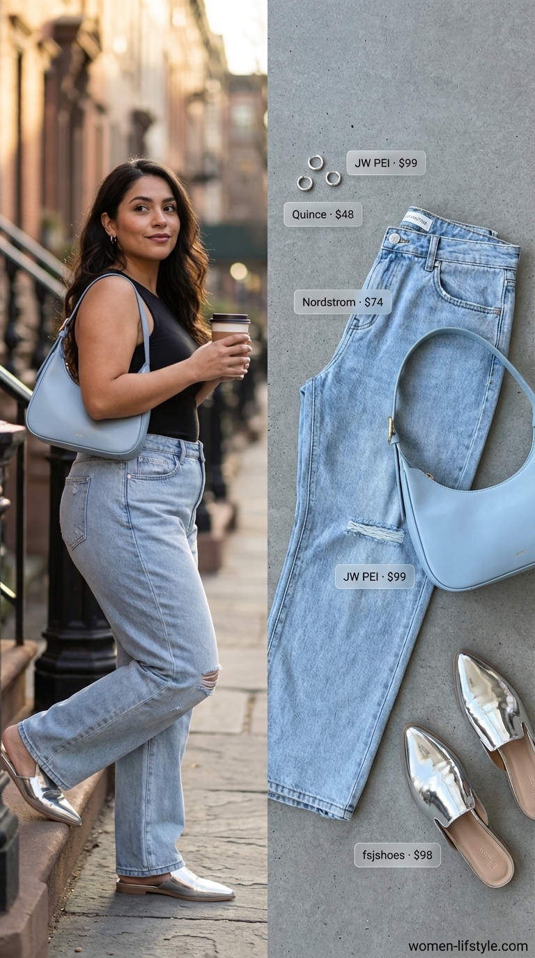 Trendy jean outfits summer for women 2026 showing light wash boyfriend jeans styled with a crisp white oversized button-down, flat mules, and a cream shoulder bag for a casual coffee date.