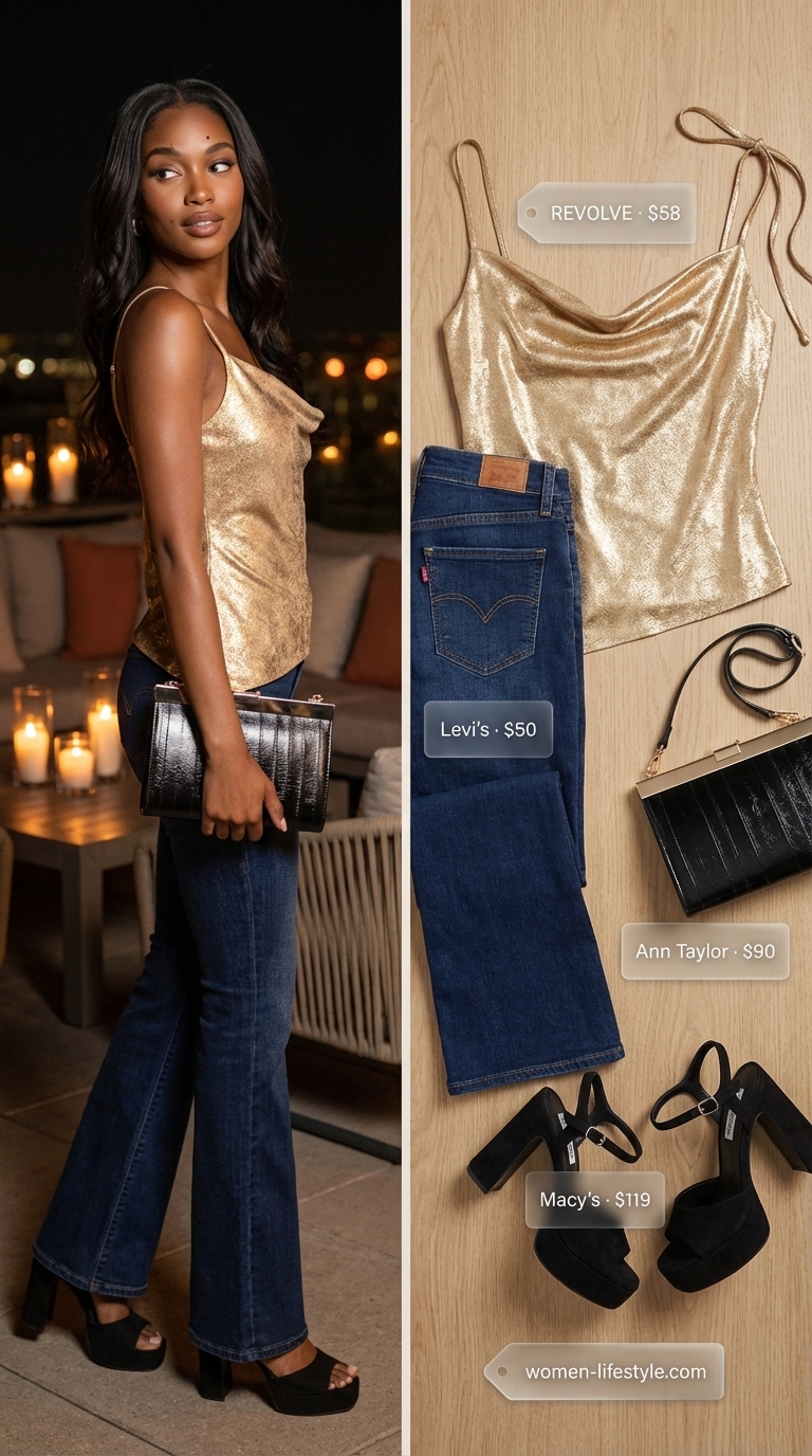 Glamorous trendy jean outfits summer for women 2026 featuring deep indigo flare jeans, a shimmering gold camisole, black platform heels, and a structured clutch, perfect for a dinner party.