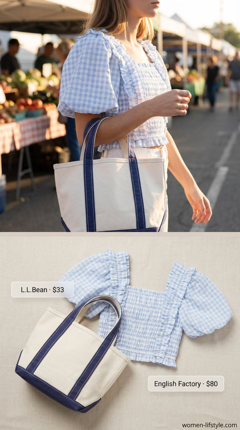 Trendy jean outfits summer for women 2026 showcasing white high-waisted jeans, a light blue gingham smocked puff-sleeve top, and flat slide sandals for a sunny day picnic.