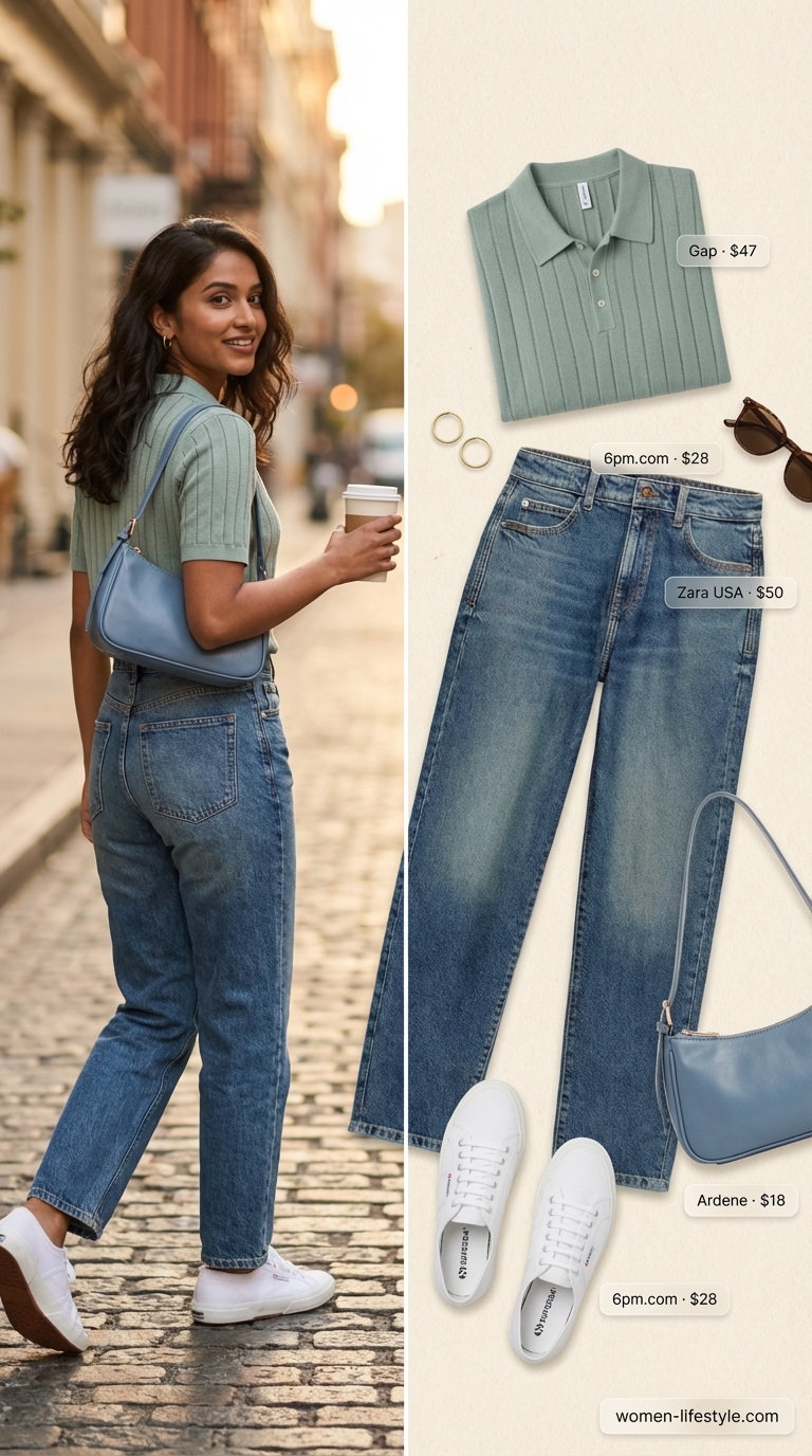 Trendy jean outfits summer for women 2026 featuring vintage-wash mom jeans, a sage green polo shirt, white canvas sneakers, and a white shoulder bag for a retro diner date.