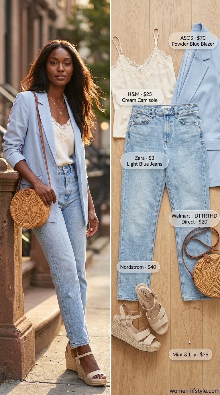 Trendy jean outfits summer for women 2026 featuring light-wash straight-leg jeans with a cream lace camisole, espadrille wedges, and a straw crossbody bag perfect for a summer brunch.