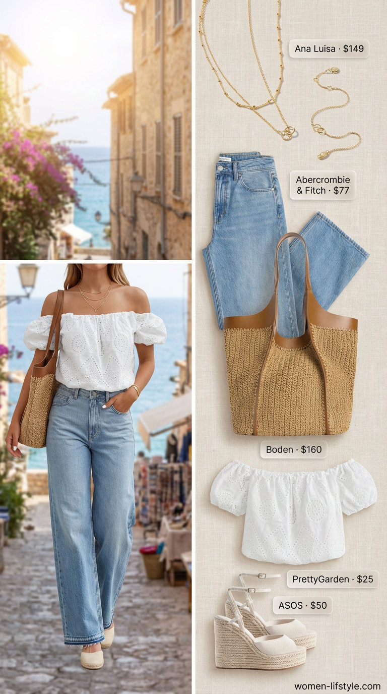 Trendy jean outfits summer for women 2026 with light wash wide-leg jeans, an embroidered white off-the-shoulder blouse, jute espadrille wedges, and a woven straw tote for a vacation brunch.