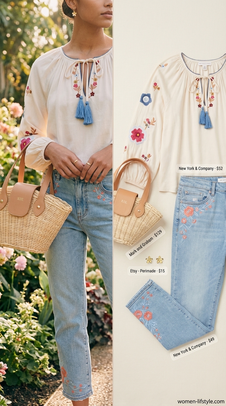 Feminine summer brunch outfit with light blue floral embroidered straight-leg jeans, a cream peasant blouse, coral espadrille wedges, a trendy jean outfit summer for women 2026.