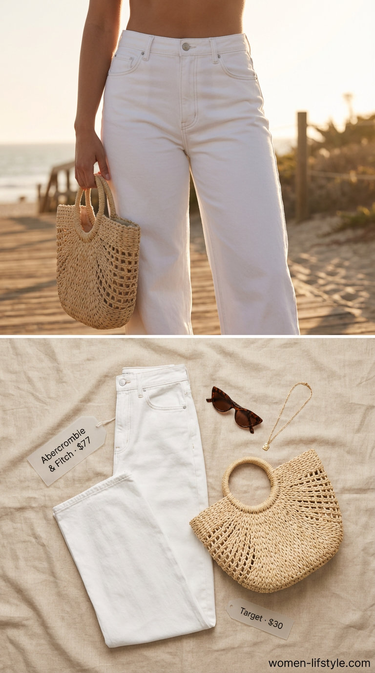 Coastal Grandmother chic featuring ecru barrel-leg jeans, an oversized light blue linen shirt, tan slide sandals, and a straw bag, a trendy jean outfit summer for women 2026.