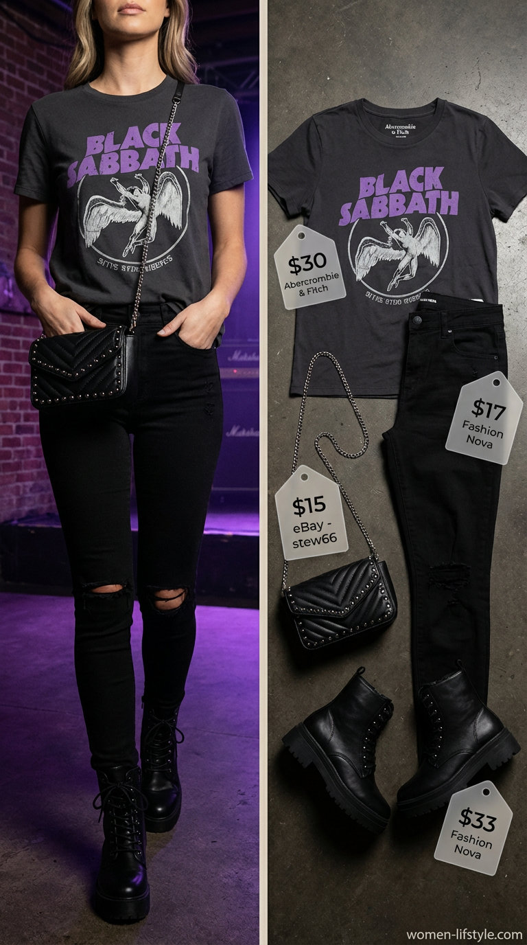 Summer concert-ready outfit with washed black ripped skinny jeans, a graphic band tee, platform combat boots, and silver hoops, embodying trendy jean outfits summer for women 2026.