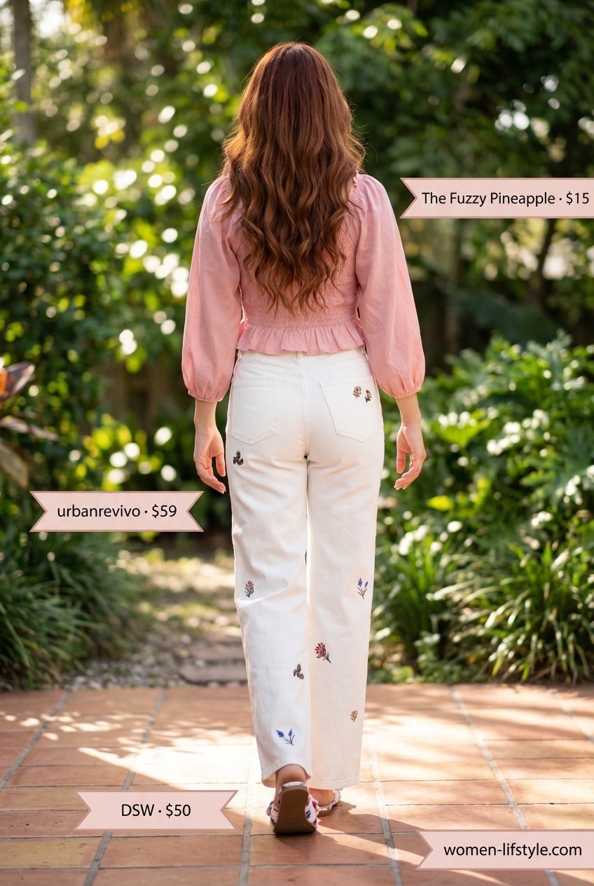 Romantic garden brunch outfit with white floral embroidered straight-leg jeans, a blush pink smocked crop top, and floral slide sandals, for trendy jean outfits summer for women 2026.